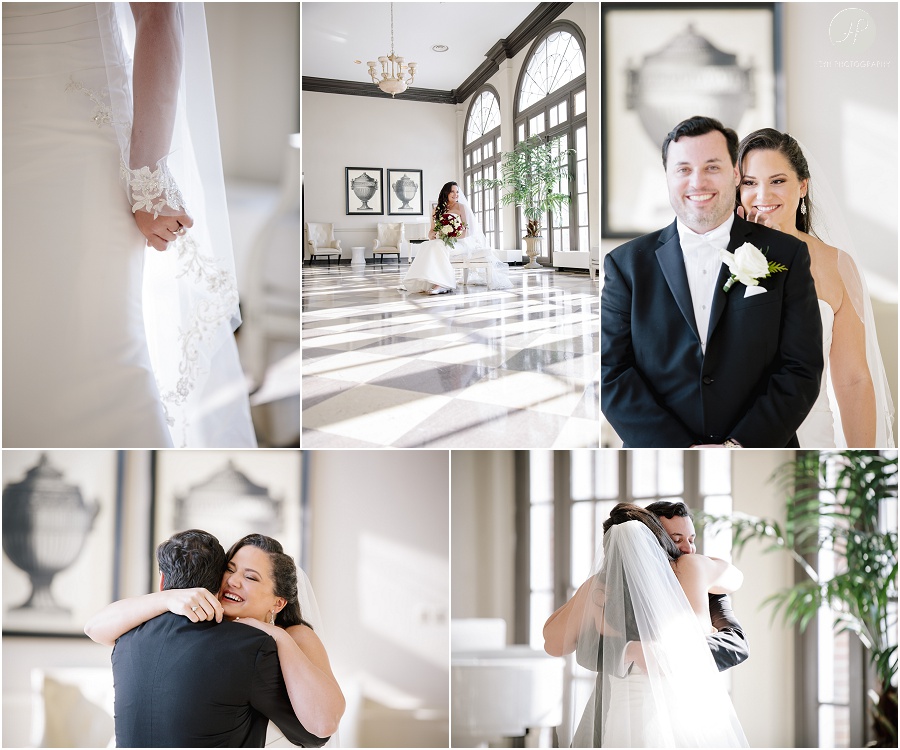 emotional bride and groom during first look in large bright lobby at the berkeley oceanfront hotel in asbury park 