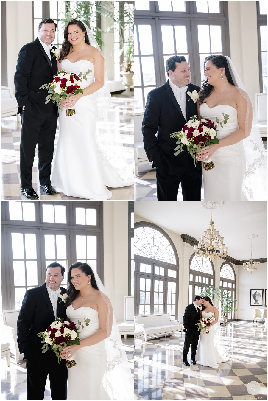 bride and groom smiling in large bright modern lobby for wedding at  berkeley oceanfront hotel in asbury park 