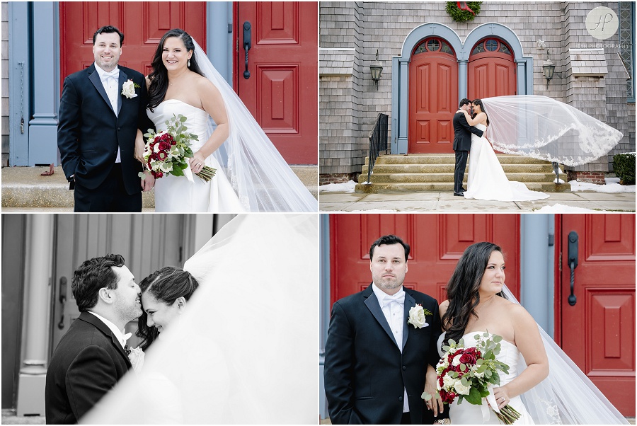 bride and groom in front of church with big red doors and wreath in asbury park new jersey wedding