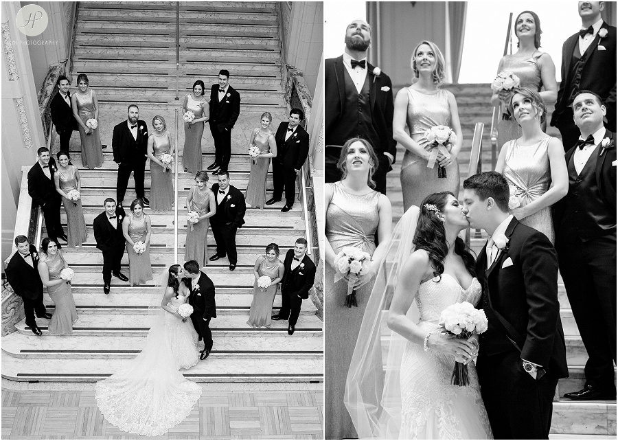 bridal party of wedding on staircase at monmouth university 