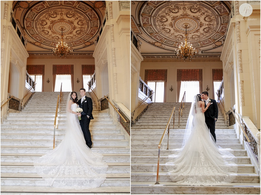 bride and groom on staircase at monmouth university wedding