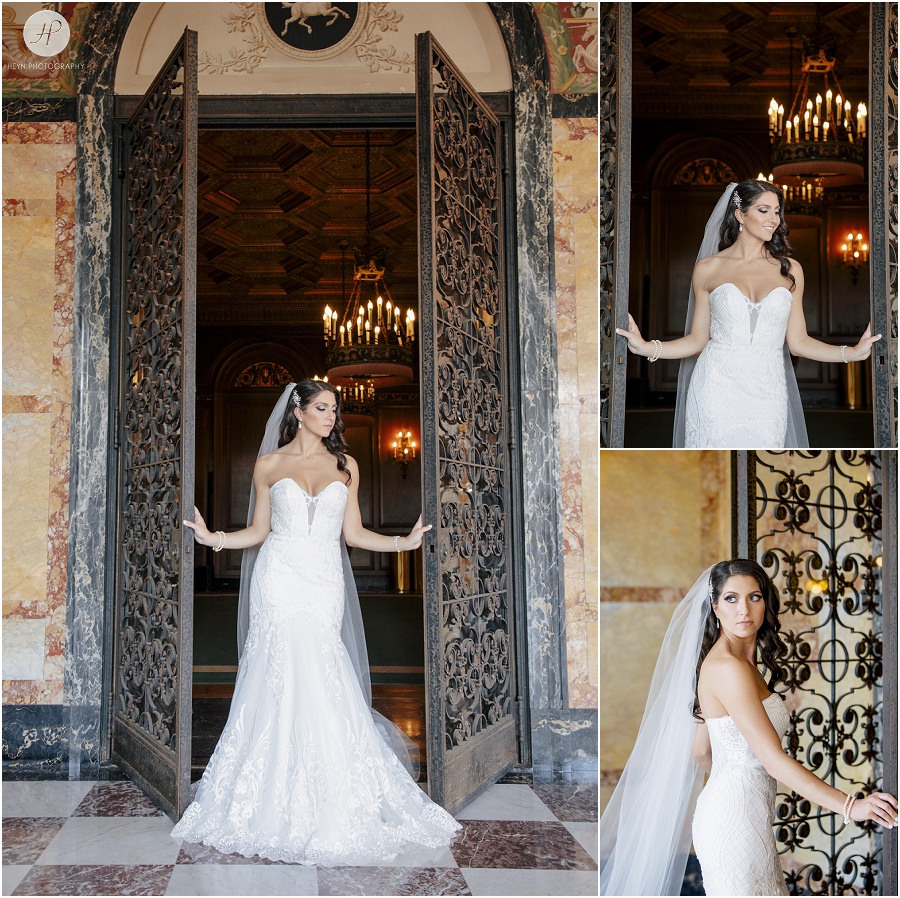 bridal portraits in calla blanche dress at monmouth university wedding