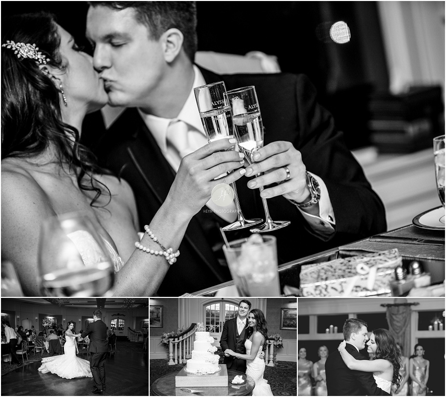 black and white bride and groom celebrating wedding at clarks landing yacht club 