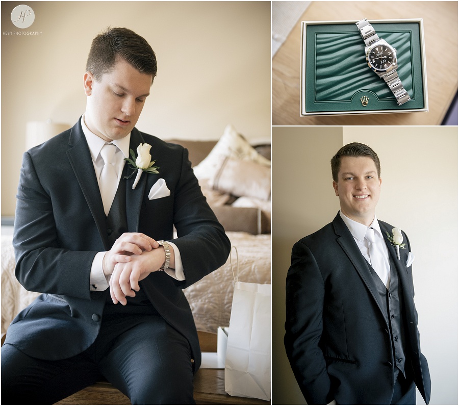 groom getting ready for wedding at clarks landing yacht club