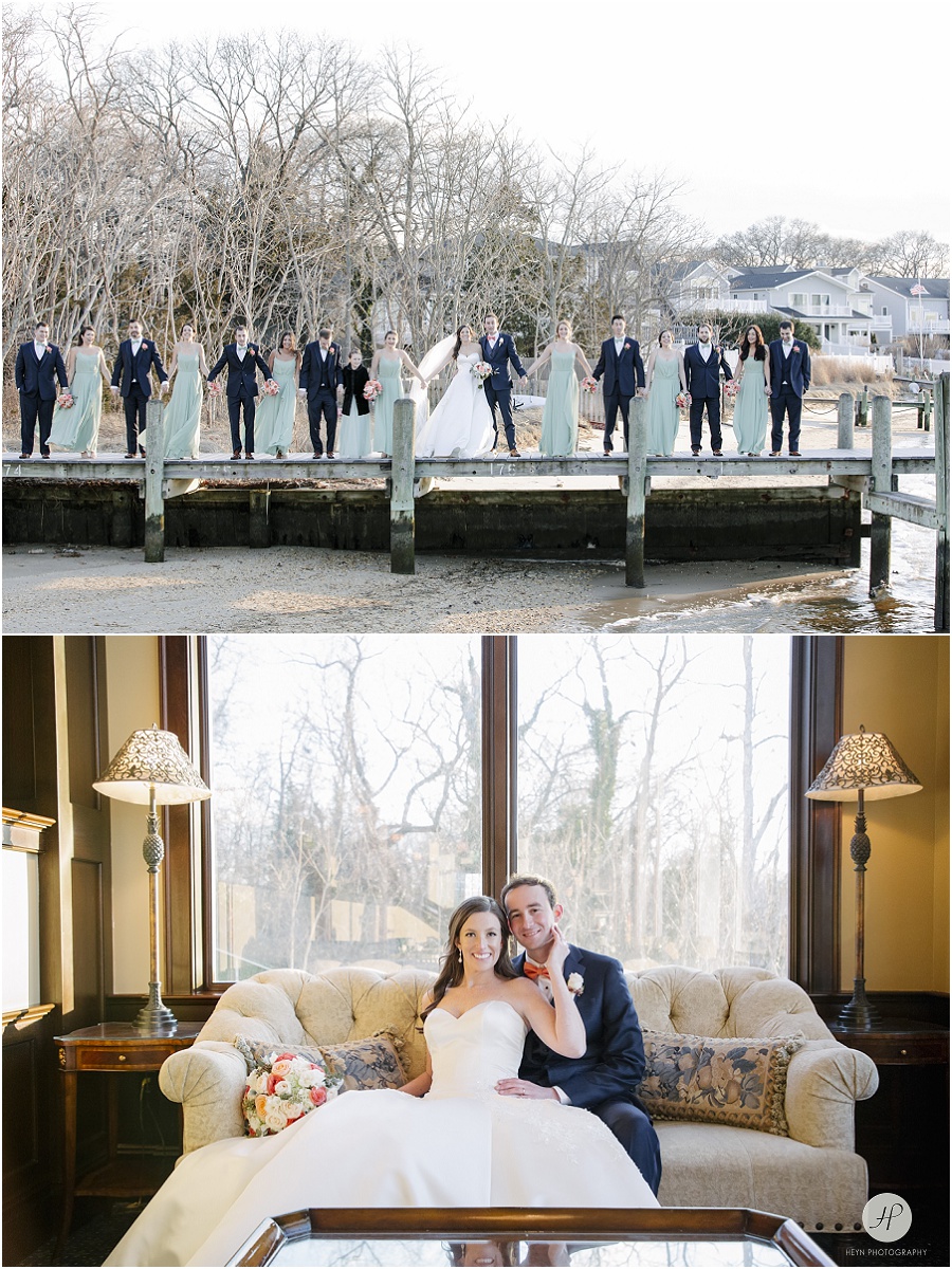 bridal party holding hands on dock at clarks landing yacht club wedding 