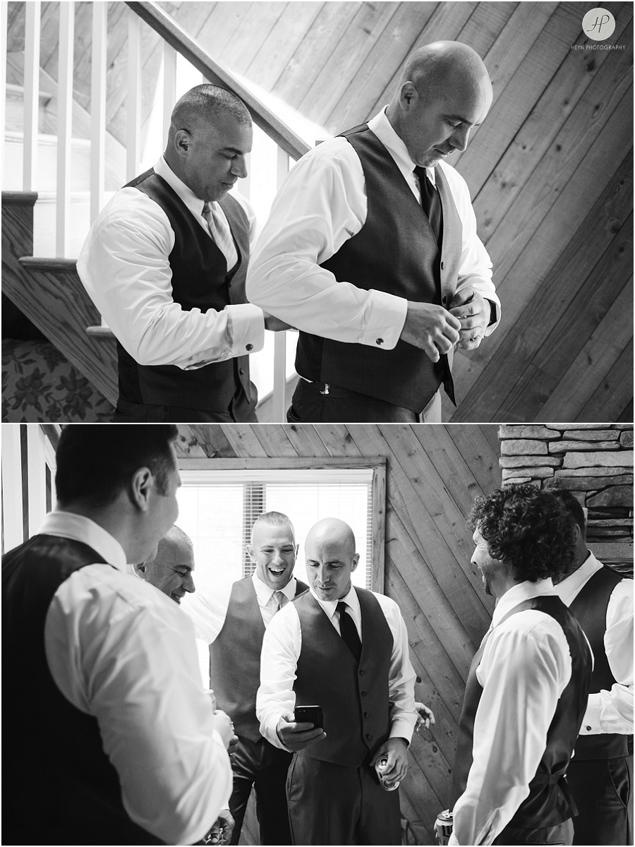groomsmen helping groom get ready for wedding at clarks landing yacht club