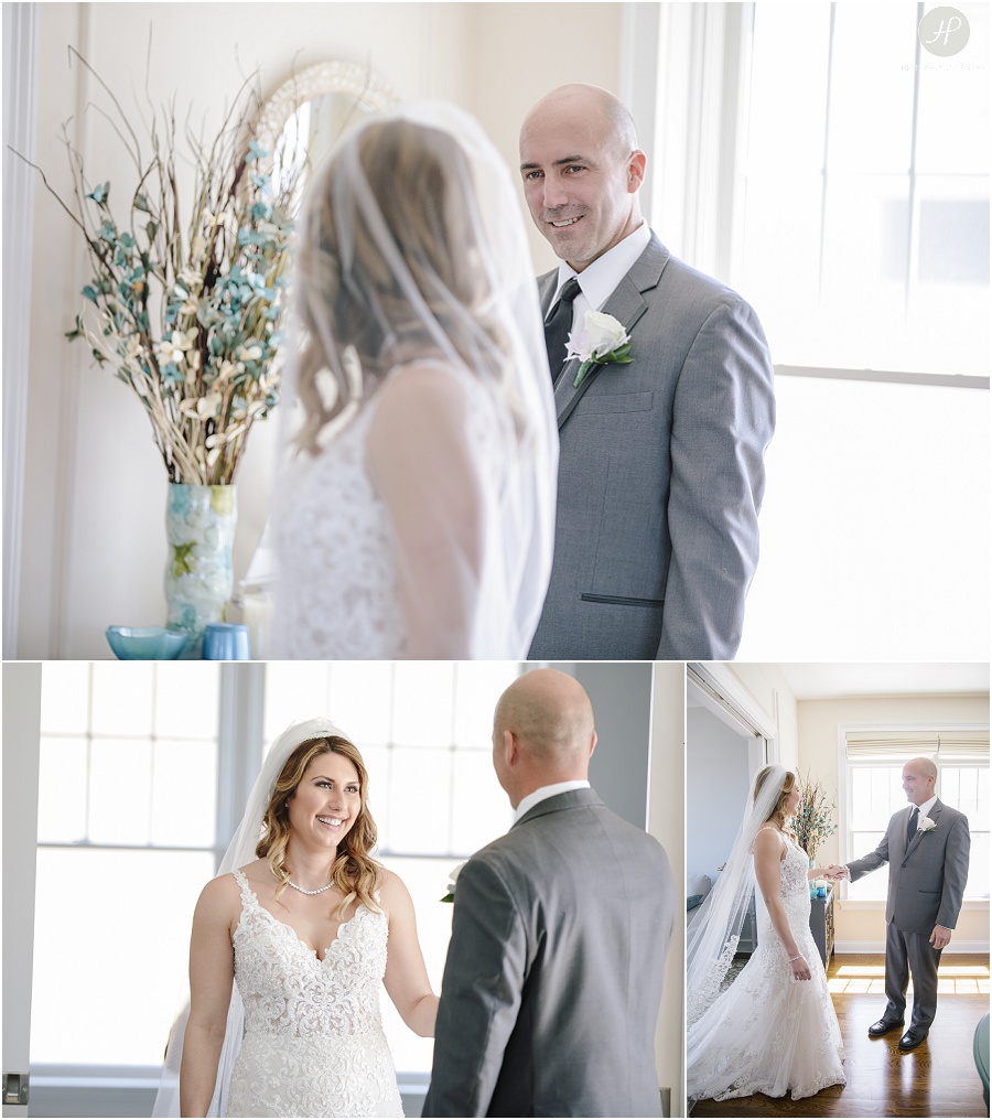 first look with bride and groom before clarks landing yacht club wedding in point pleasant nj