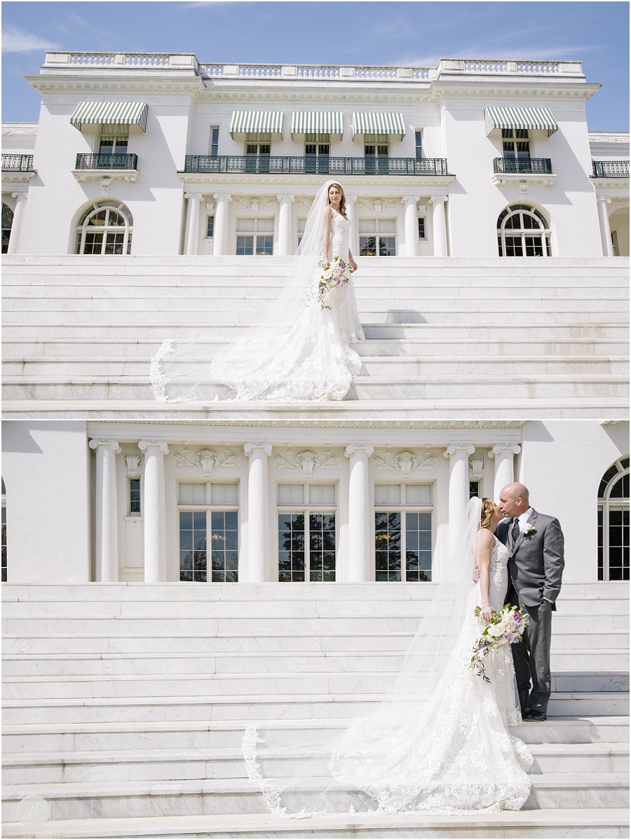 bride and groom on steps outside Monmouth University Library wedding 