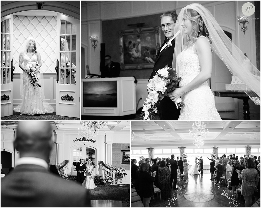black and white wedding ceremony at clarks landing yacht club wedding 