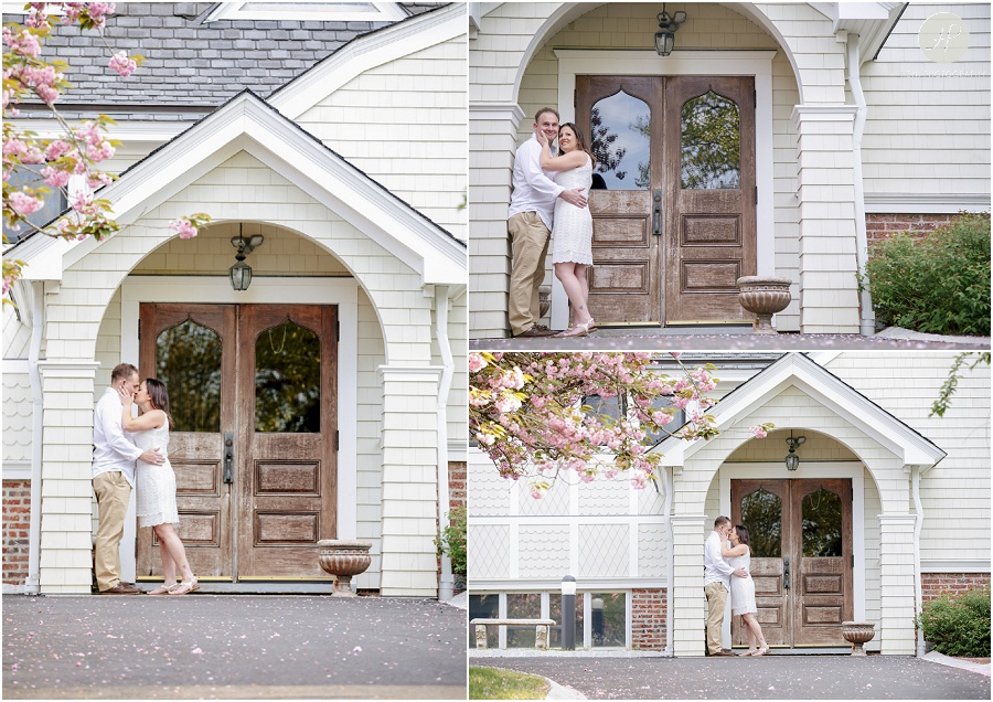 Couple by house in Spring Lake engagement session