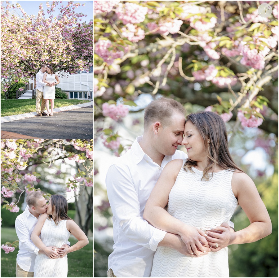 Couple under cherry blossom in Spring Lake engagement session