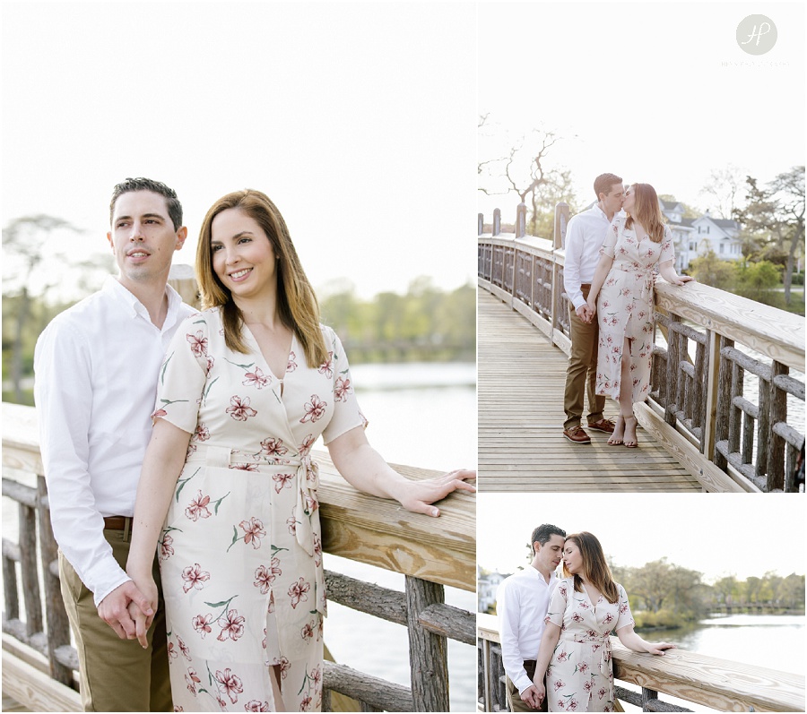 couple on bridge at spring lake engagement session in new jersey 