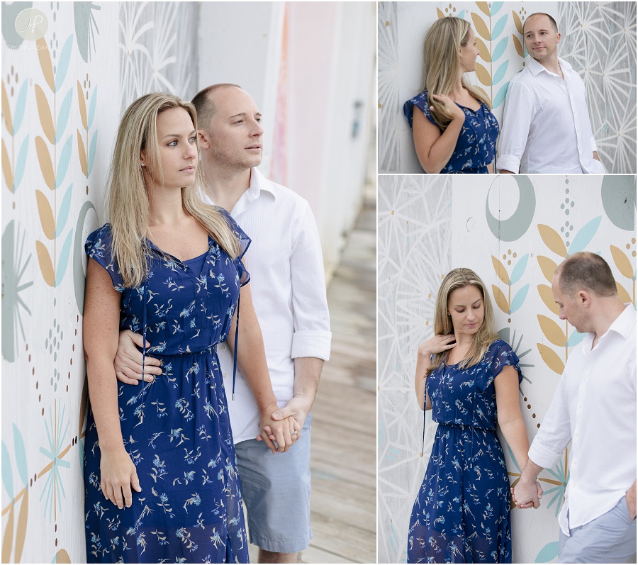 couple on boardwalk in Asbury Park engagement session jersey shore 