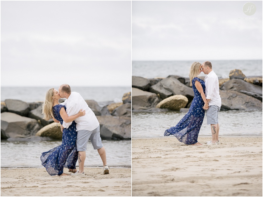  couple kissing on beach in Asbury Park engagement session jersey shore 