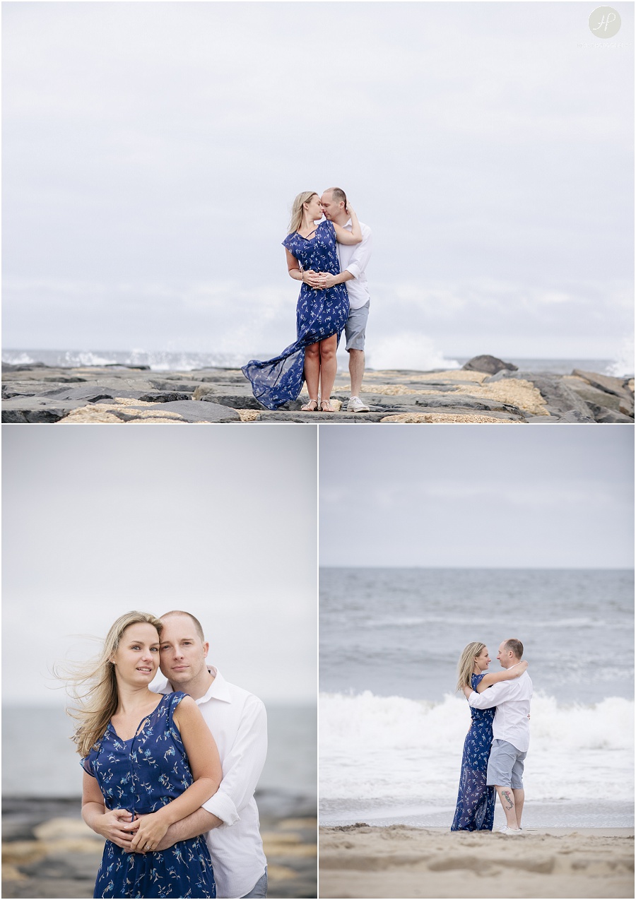  couple on holding each other beach in Asbury Park engagement session jersey shore 