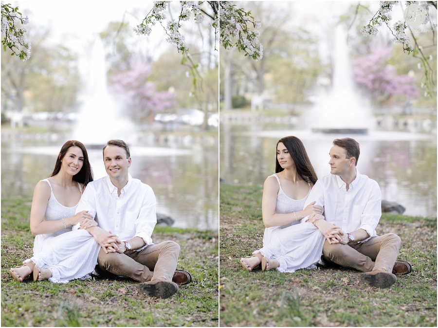 couple sitting in park in downtown westfield engagement session new jersey