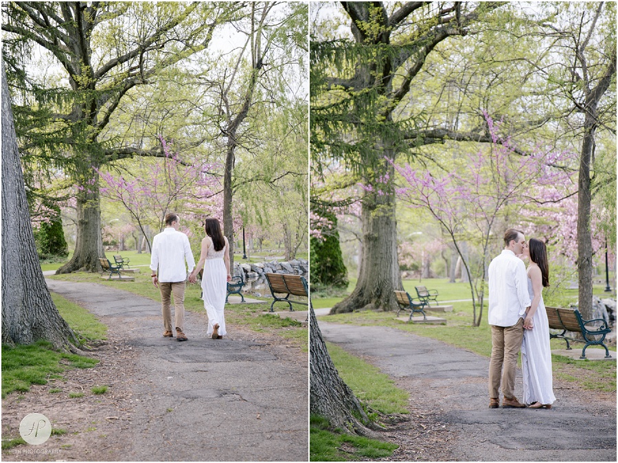 couple walking in park in downtown westfield engagement session new jersey