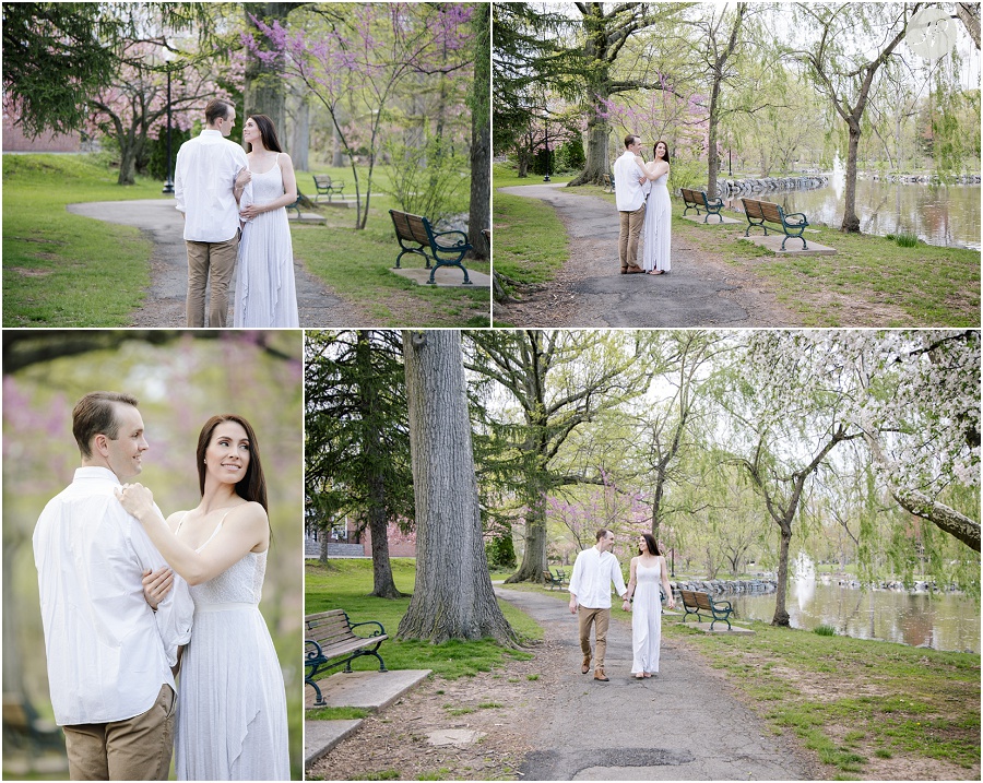 couple strolling in park in downtown westfield engagement session new jersey