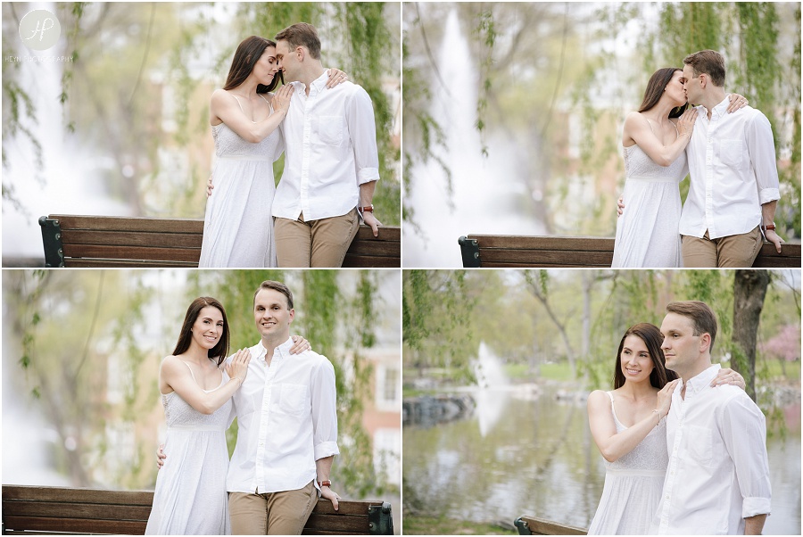 couple on bench in downtown westfield engagement session new jersey