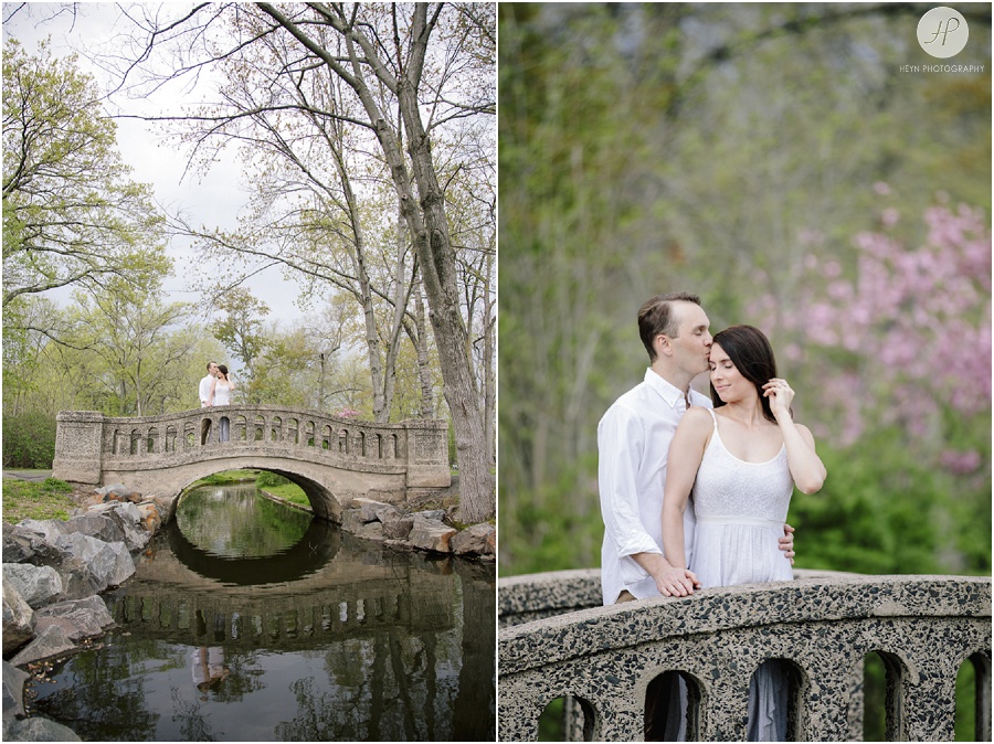 couple on bridge in park in downtown westfield engagement session new jersey