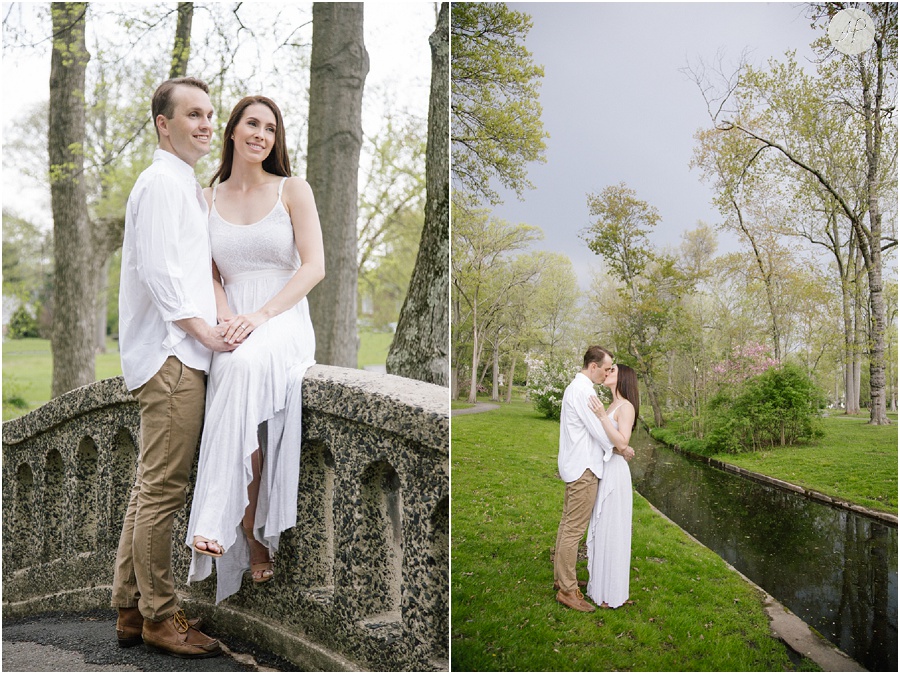 couple kissing in park in downtown westfield engagement session new jersey