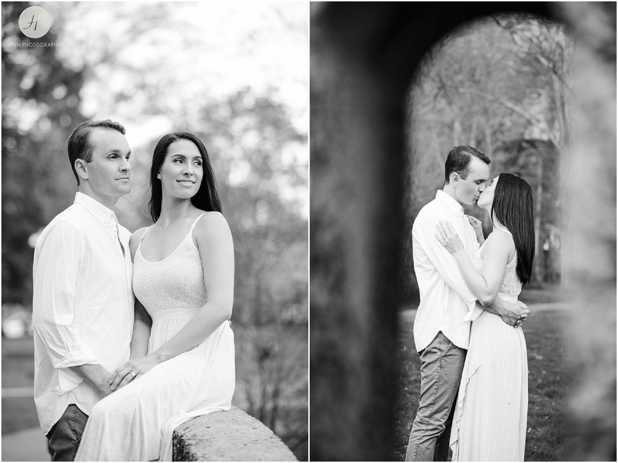black and white of couple in park in downtown westfield engagement session new jersey