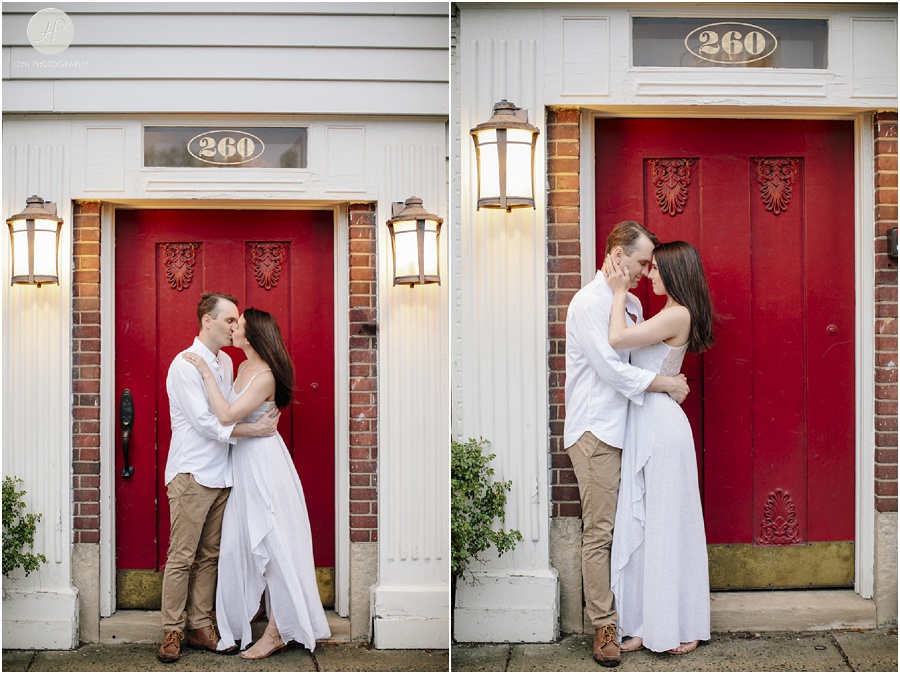 couple kissing in downtown westfield engagement session new jersey