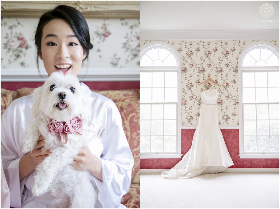 Bride with white dog getting ready for backyard wedding new jersey 