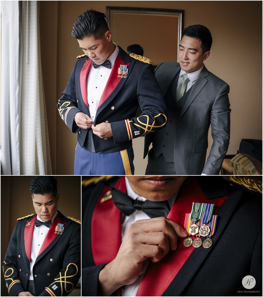 military groom getting ready before backyard wedding in new jersey 