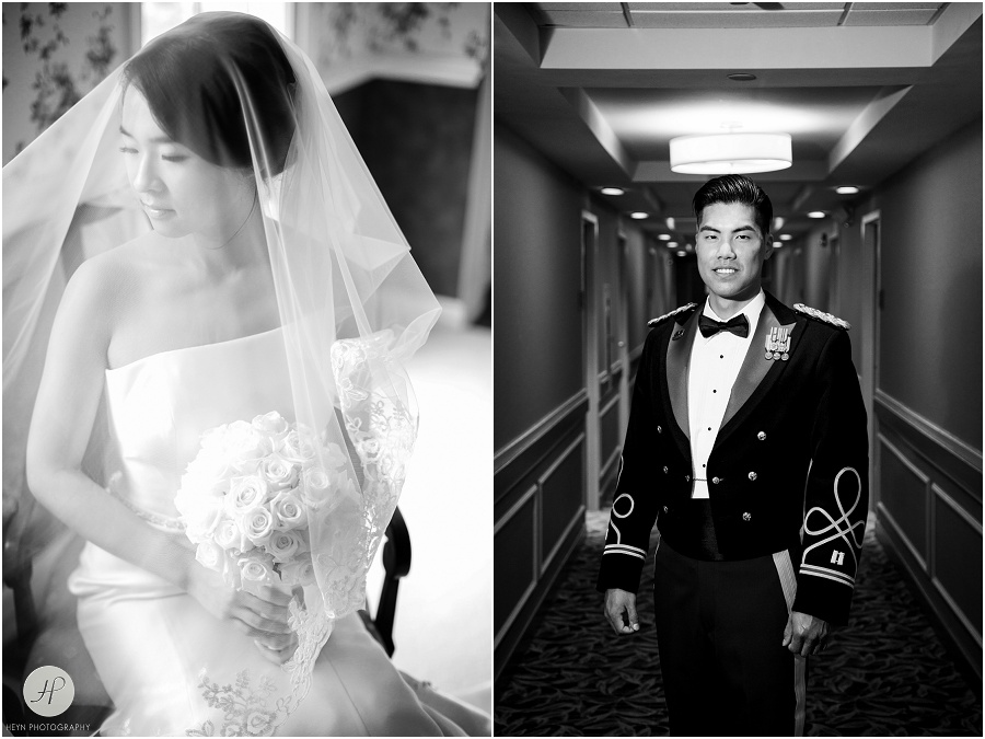 black and white of bride and groom before backyard wedding in new jersey 