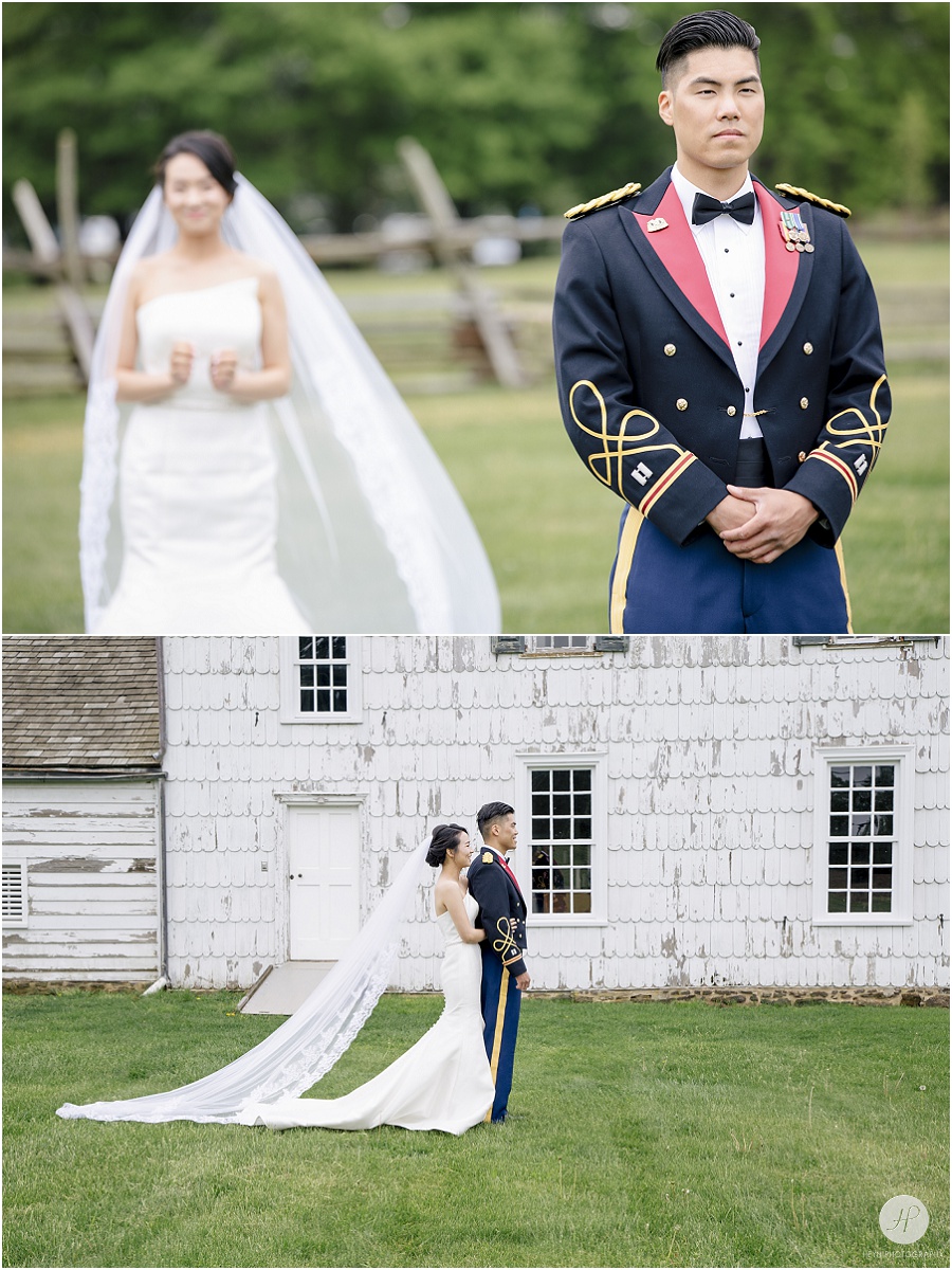 first look with bride and groom before backyard wedding in new jersey 