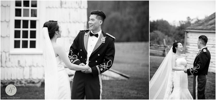 black and white of first look with bride and groom before backyard wedding in new jersey 