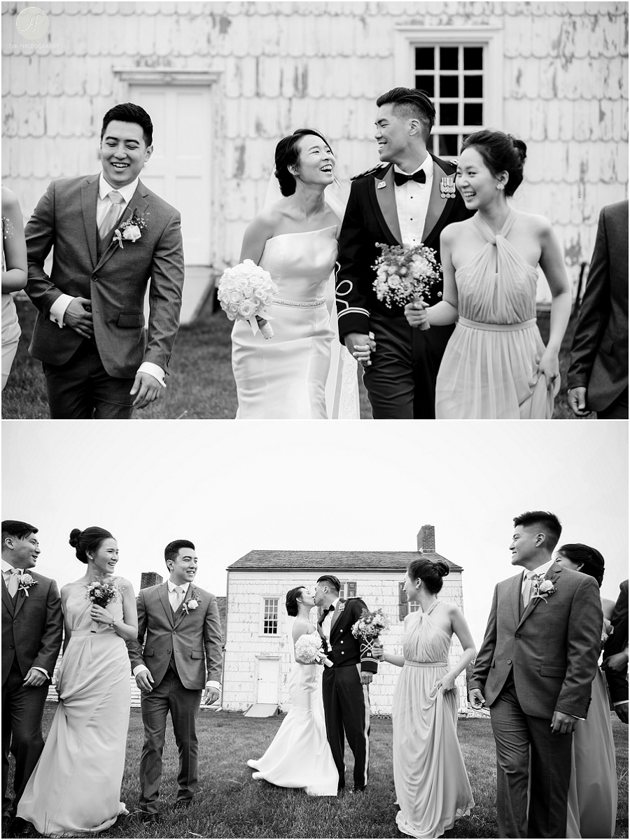 black and white of bridal party walking at the craig house wedding in new jersey 