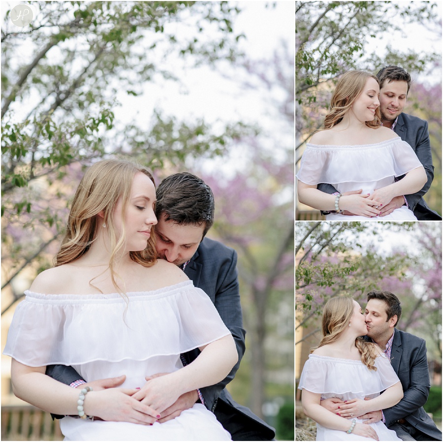 couple on bench in garden at seton hall university engagement session