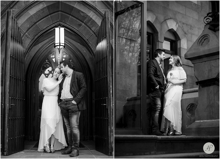 couple stadning by chapel at seton hall university engagement session