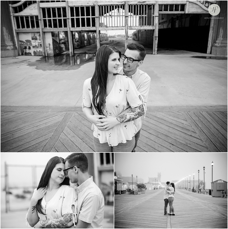 black and white of engaged couple in front of casino at downtown asbury park engagement session 