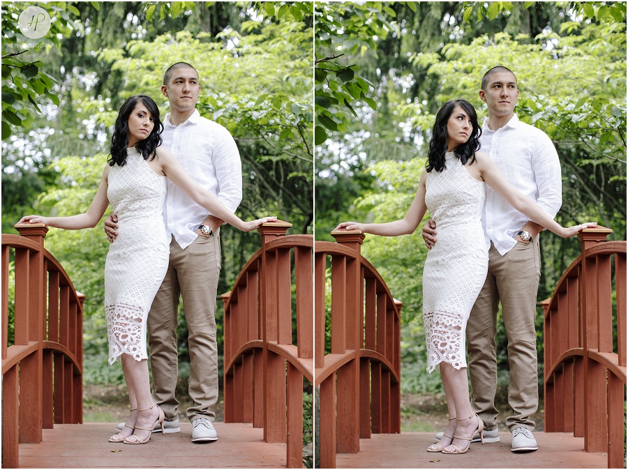 engaged couple on bridge at sayen gardens new jersey shoot 