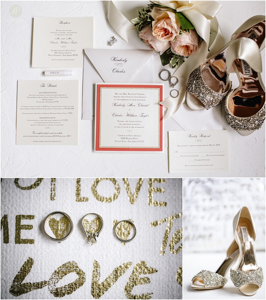 gold, orange, and white wedding details and badgley mischka shoes at clarks landing wedding