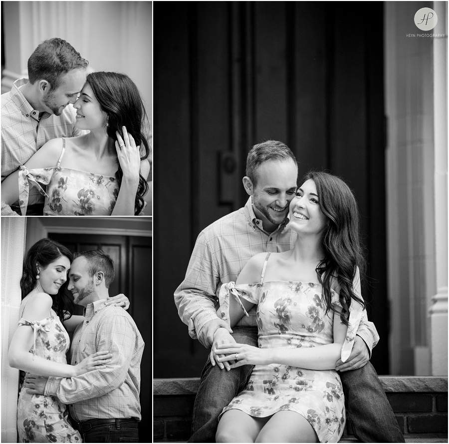 black and white of engaged couple sitting on steps in downtown spring lake engagement session