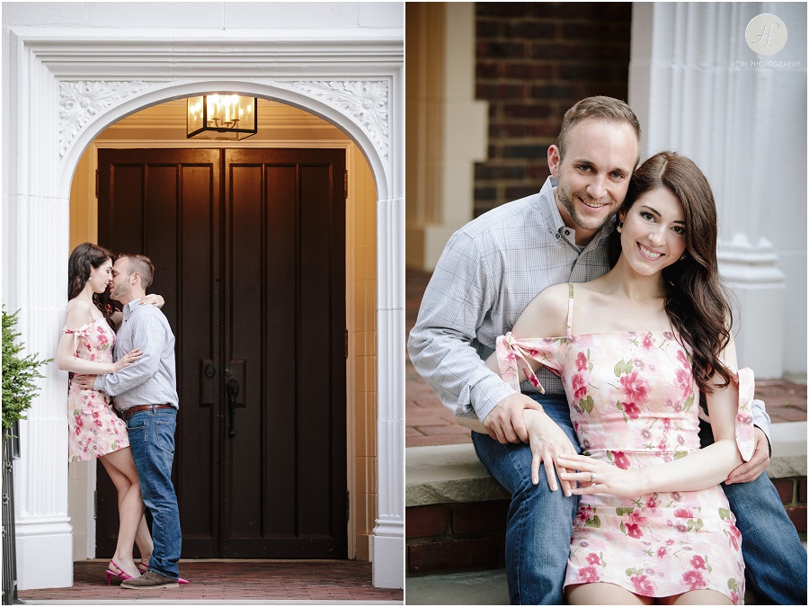  engaged couple kissing on steps in downtown spring lake engagement session