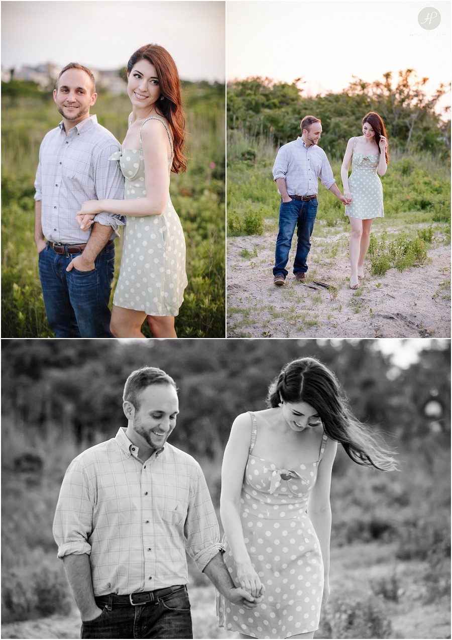  engaged couple walking in tall grass at dusk in downtown spring lake engagement session