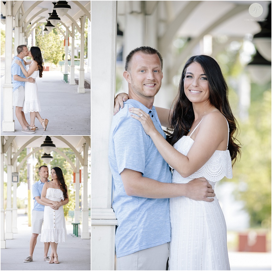 engaged couple at train station in manasquan beach engagement shoot