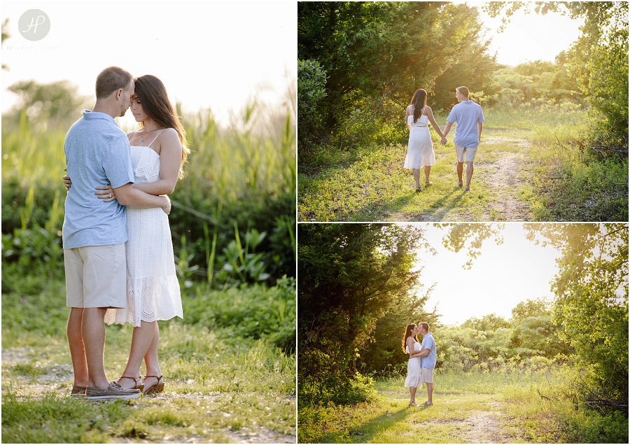 engaged couple in field during sunset in manasquan beach engagement shoot
