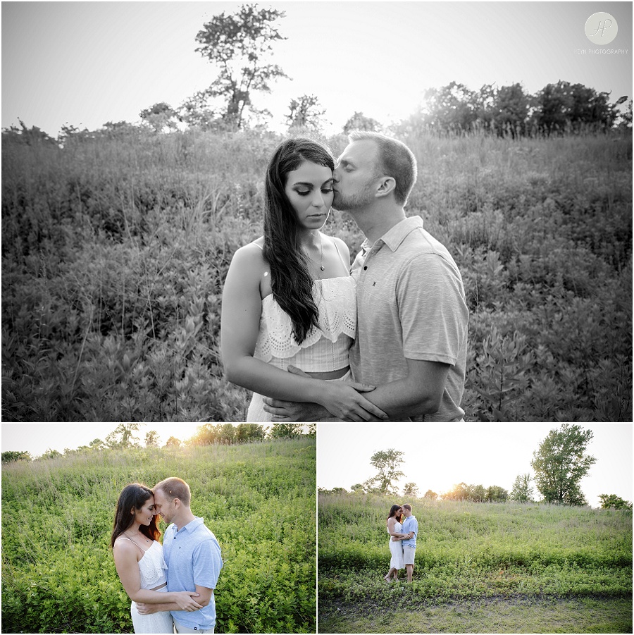 engaged couple kissing in field during sunset in manasquan beach engagement shoot