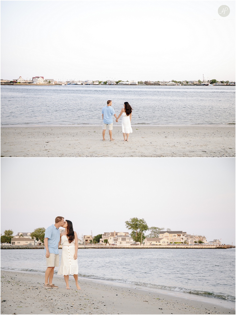 engaged couple walking on beach in manasquan beach engagement shoot