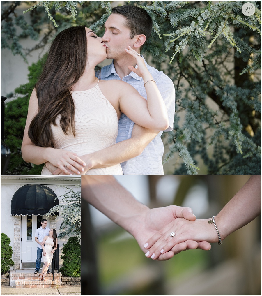 engaged couple kissing downtown in spring lake engagement session