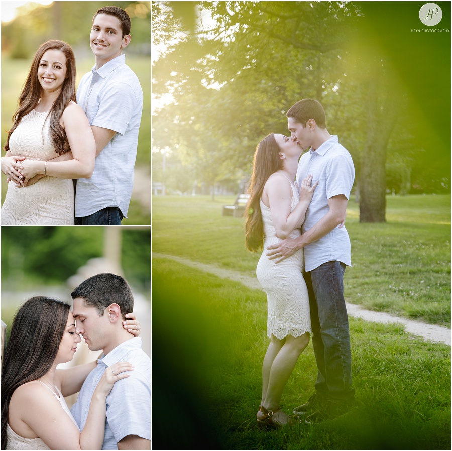 engaged couple in sunny park in spring lake engagement session