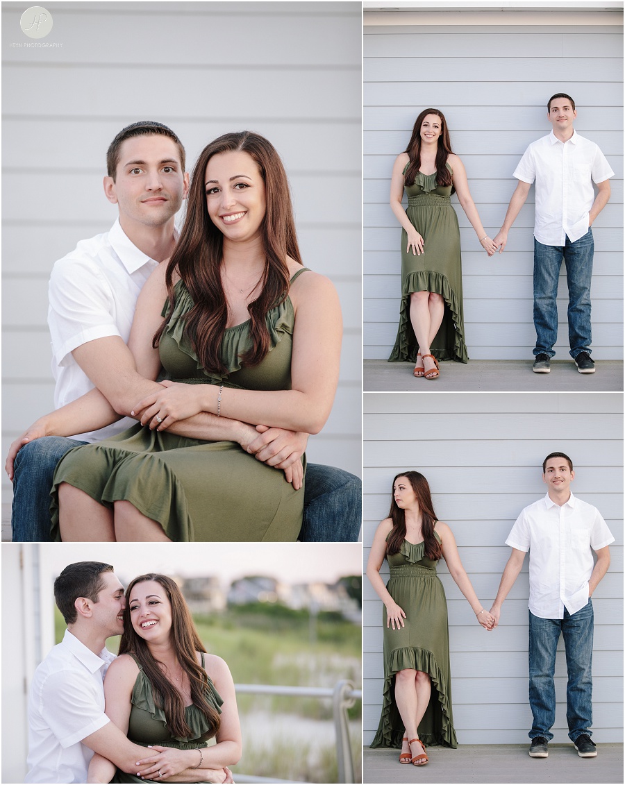 engaged couple on boardwalk in spring lake engagement session