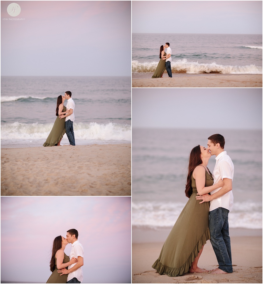 engaged couple kissing on beach in spring lake engagement session