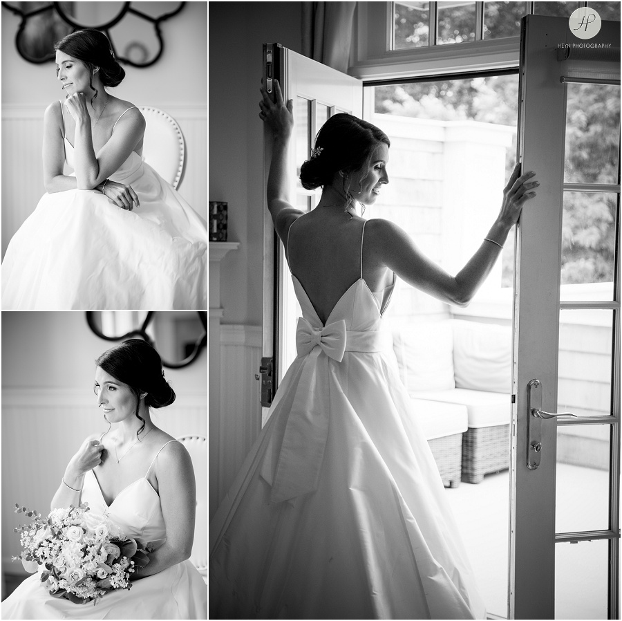 black and white portraits of bride getting ready at clarks landing yacht club wedding 